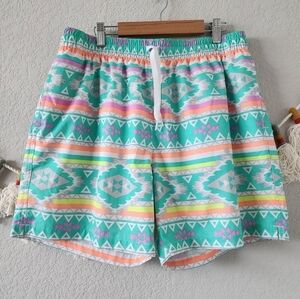 Cubbies The En Fuegos Teal Geometric Lined Swim Trucks Shorts Mens XL Beach